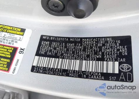 2016 Toyota Corolla L from USA, damaged, VIN 2T1BURHE5GC614933